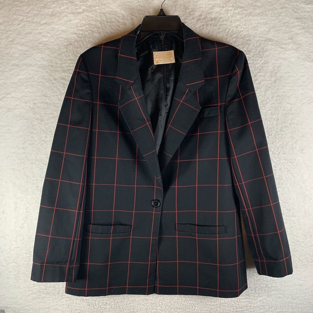 Pendleton Blazer Jacket Women Black Windowpane Check Notch Lapel Single Breasted